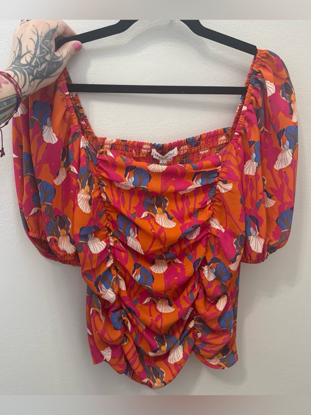 Rose & Olive Orange and Pink Floral Ruched Off-Shoulder Blouse